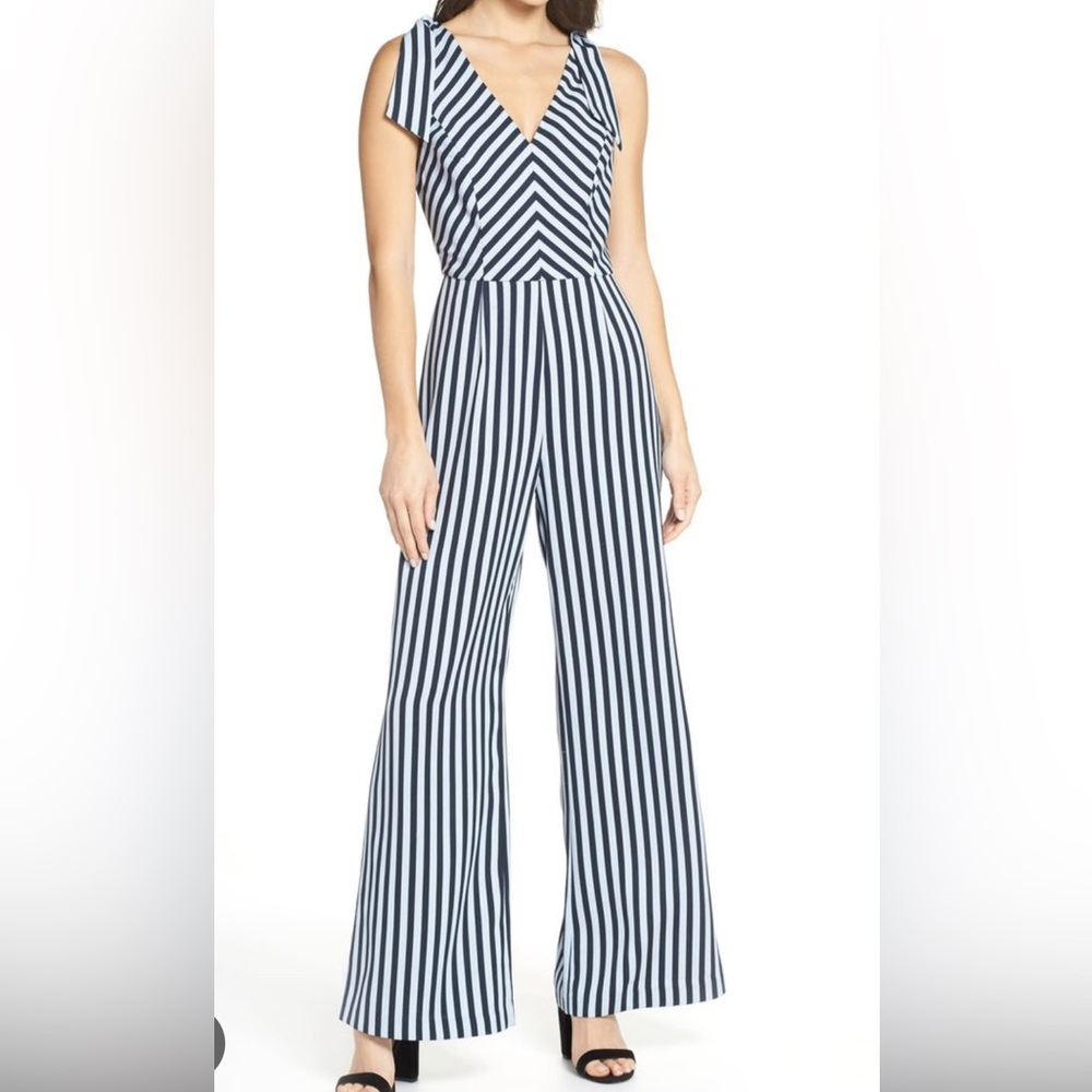 Charles Henry Striped Tie Shoulder Jumpsuit